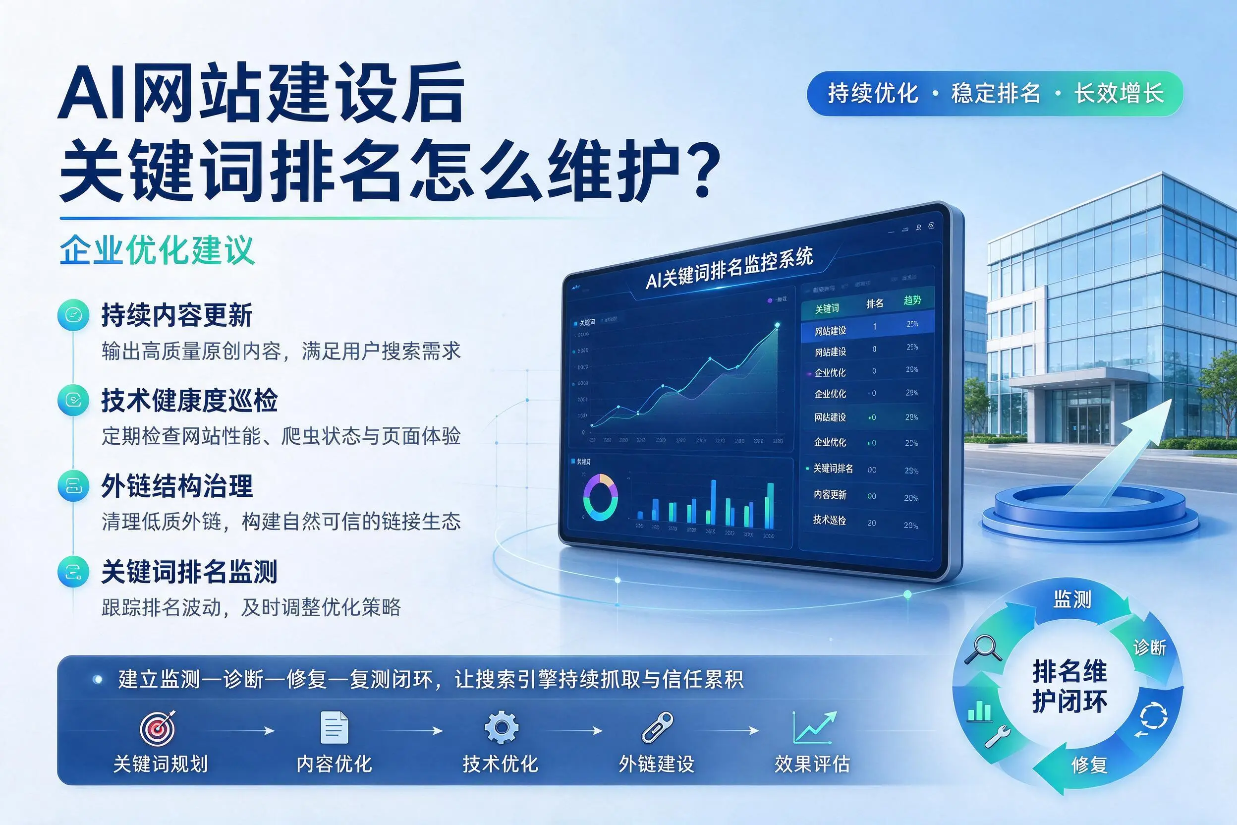 AI网站建设后关键词排名怎么维护?益阳企业优化建议